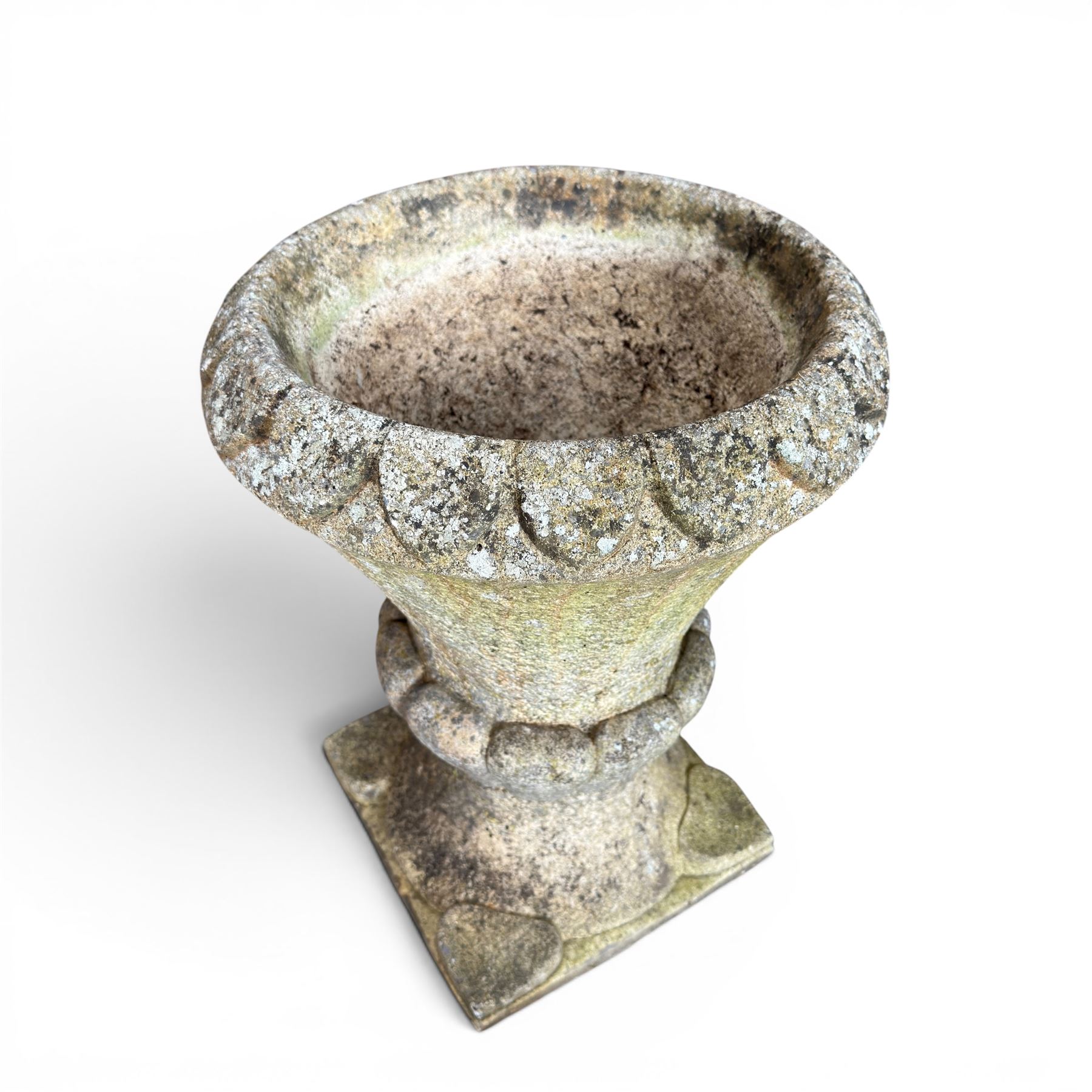 Collection of decorative cast stone garden pieces, comprising three graces bird bath, three urn planters, urn base, figure of girl and a Scottie dog (7)
