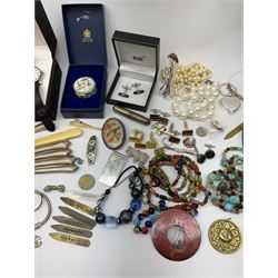 Silver jewellery to include bangles, bracelet, cufflinks, all stamped, pair of boxed Montblanc cufflinks, boxed Mondaine wristwatch, collection of Vintage and later costume jewellery, five silver handled knives, and a boxed Halcyon Days enamel box. 