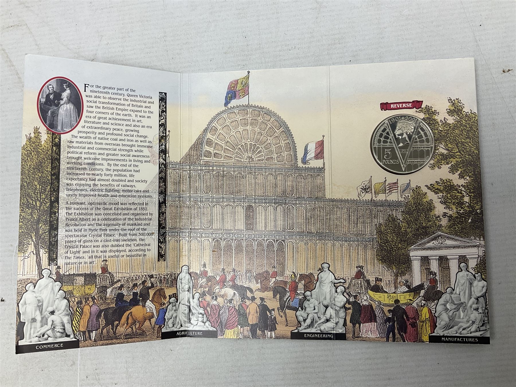 The Royal Mint United Kingdom 1984 brilliant uncirculated coin collection, 1997 and 2001 commemorative crown coins, 1997 old round one pound, all in card folders and four sterling silver medallic first day covers from the 'Great Britons' collection housed in a blue folder