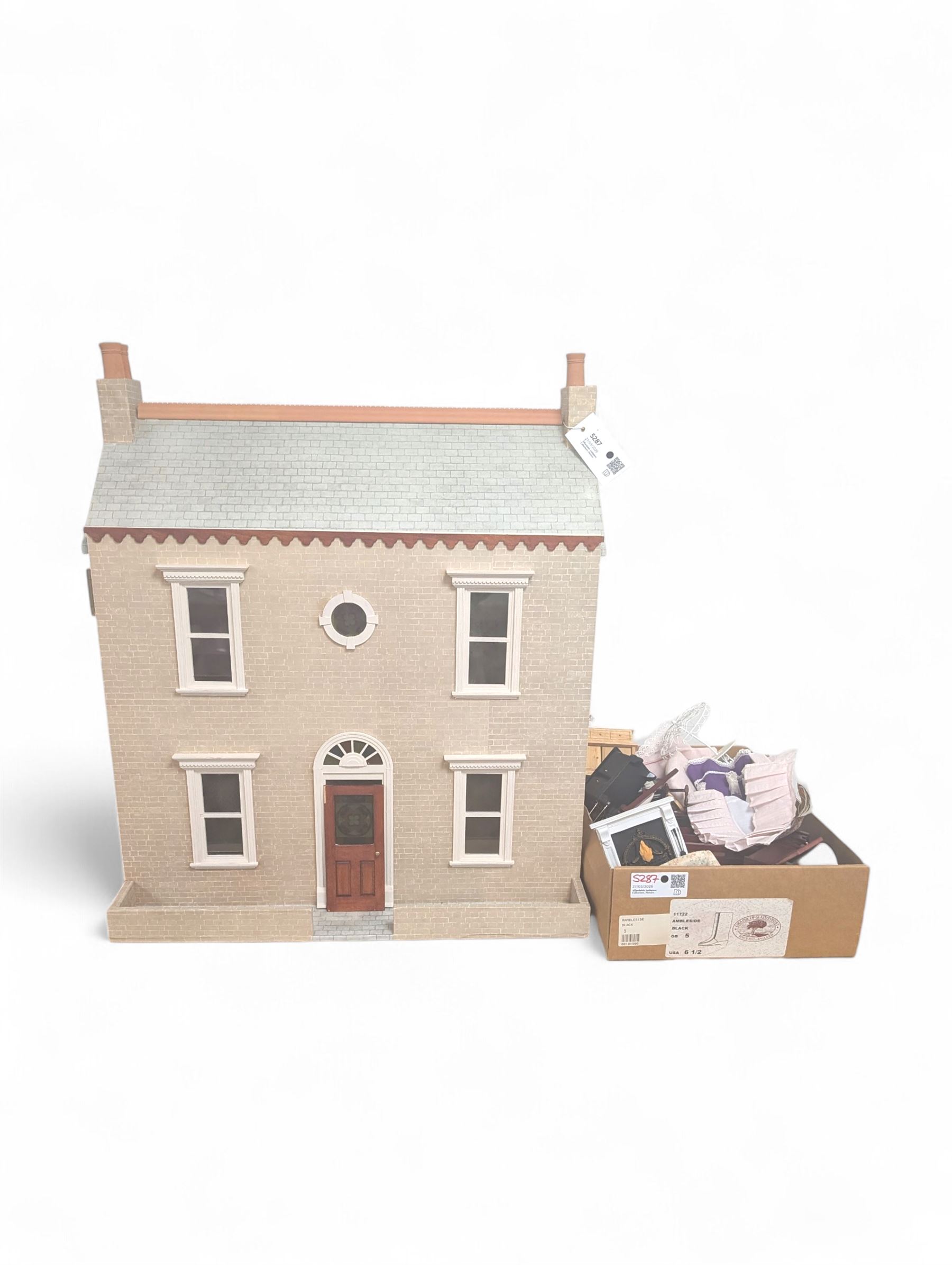 Two storey modern dolls house, with a collection of dolls house furniture and accessories, dolls house H66cm