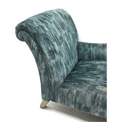 Parker Knoll - chaise lounge upholstered in green fabric, turned supports with polished metal castors, L155cm, H86cm, D75cm
