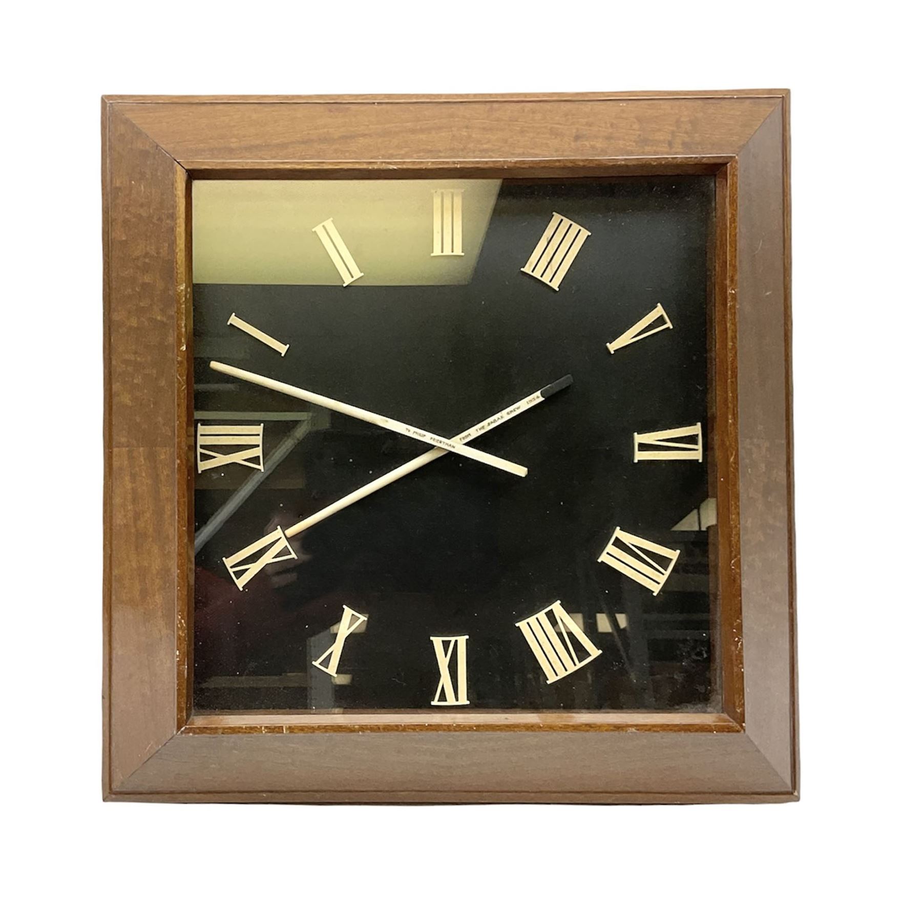 Nautical electric clock, square dial with raised Roman numerals, the chopstick hands inscribed 'Phillip Priestman' from the Sabak Crew in 1934 A Pleasant and Safe Voyage, Good Luck, Long Life and Good Health with No Setbacks' in ripple mahogany cushion surround, H49cm, W49cm