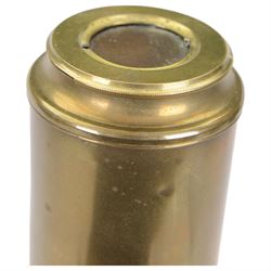 19th century mahogany and brass three drawer telescope, together with a larger leather bound telescope and a large circular metal bound magnifying glass