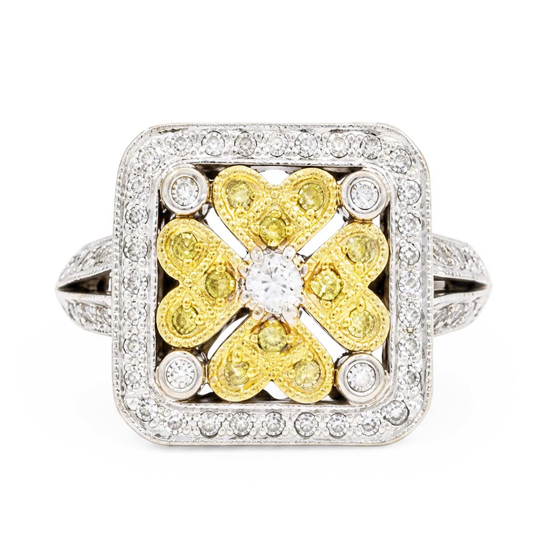 18ct white gold diamond flower head dress ring, milgrain set with sixty-five fancy yellow and white diamonds, with diamond set shoulders, stamped 750, total diamond weight 1.00 carat, with World Institute Report