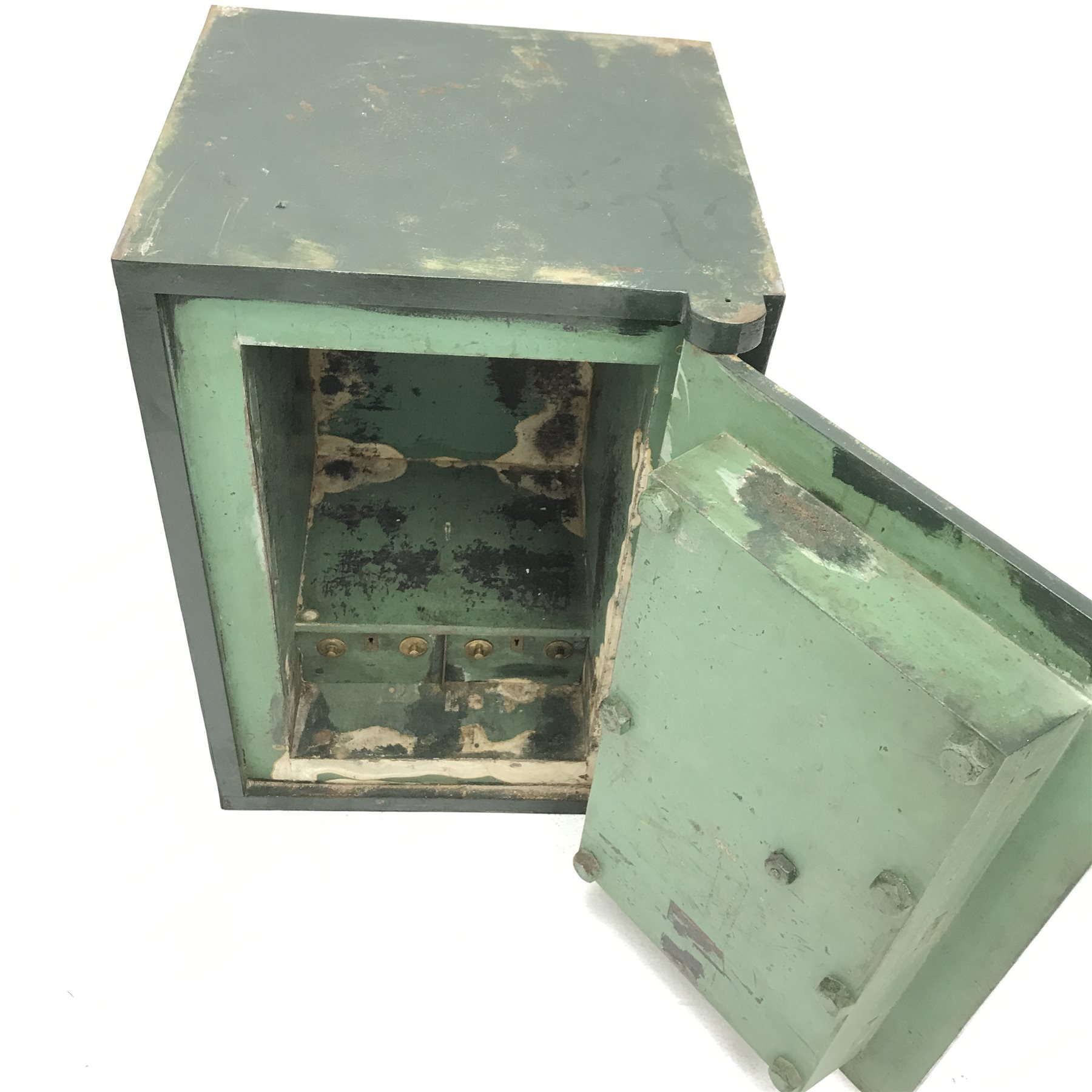 Victorian cast iron safe single door enclosing two drawers, green painted finish, royal coat of arms, 'Thomas Skidmore & Son, Wolverhampton' with single key, W49cm, H72cm, D47cm
