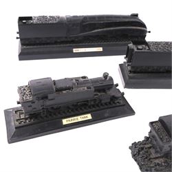 Six British coal models of trains, including Mallard, BR Mogul, Prairie Tank, etc