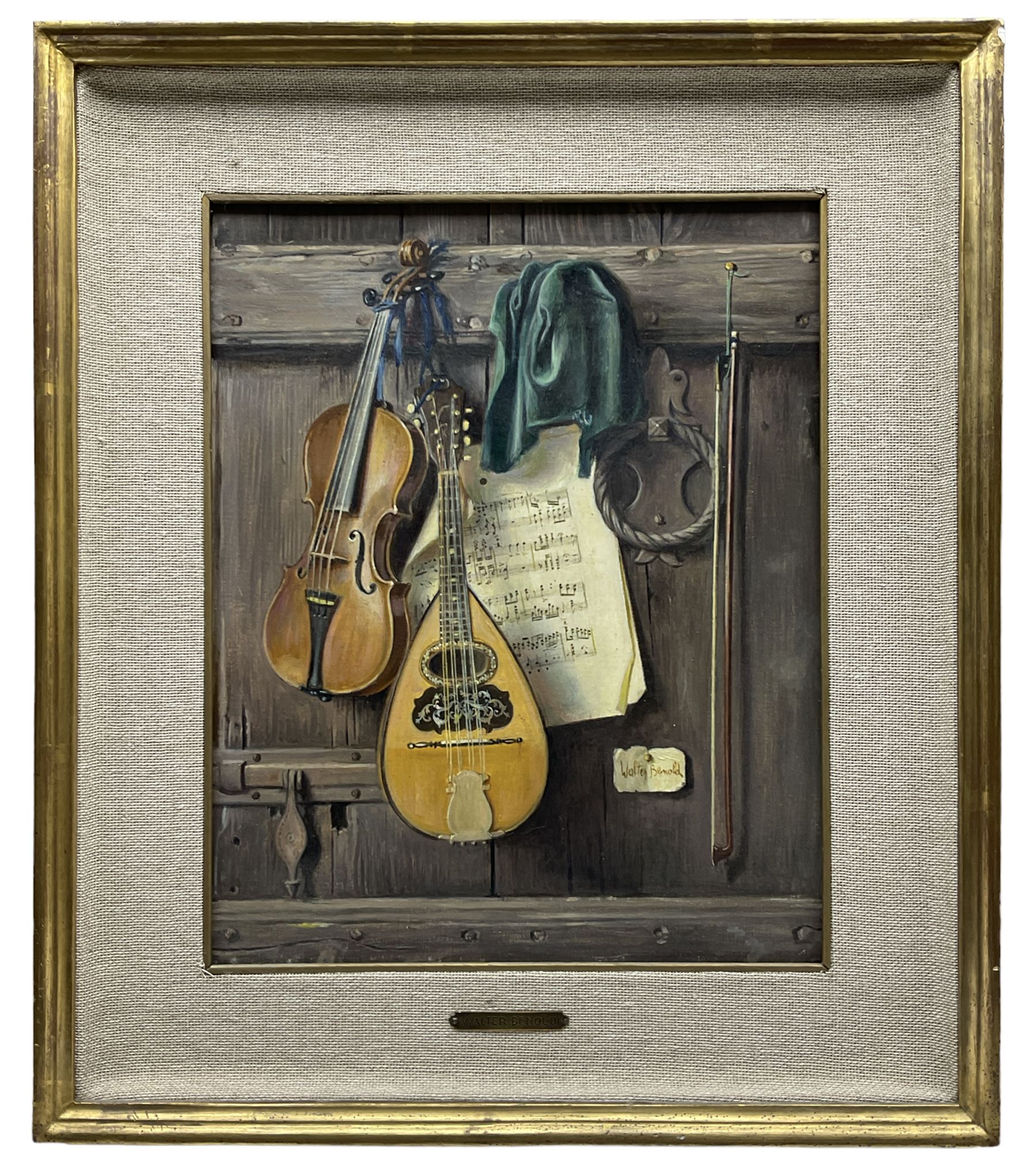 Walter Benoldi (Italian 1914-1985): Trompe L'œil Musical Instruments, oil on canvas signed 34cm x 27cm