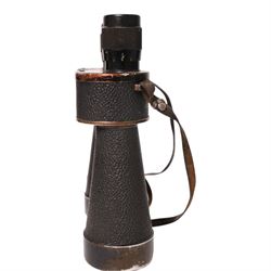 WWII German Pair of  7x50 Binoculars, stamped to the back plate '7x50 beh (T) 380587 KF' and stamped to the other side with the Kriegsmarine mark and 32739 N, wiht later leather case, H22cm