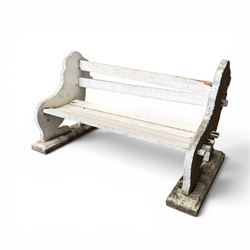 Composite stone white painted garden lion bench, the end supports in the form of standing lions, with pegged back and seat slats