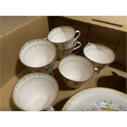 Paragon tea wares decorated in the 'Country Lane' pattern, Plant Tuscan tea set for nine, the pink ground with flower and gilt decoration, Wedgwood 'Mayfield' coffee wares etc in two boxes