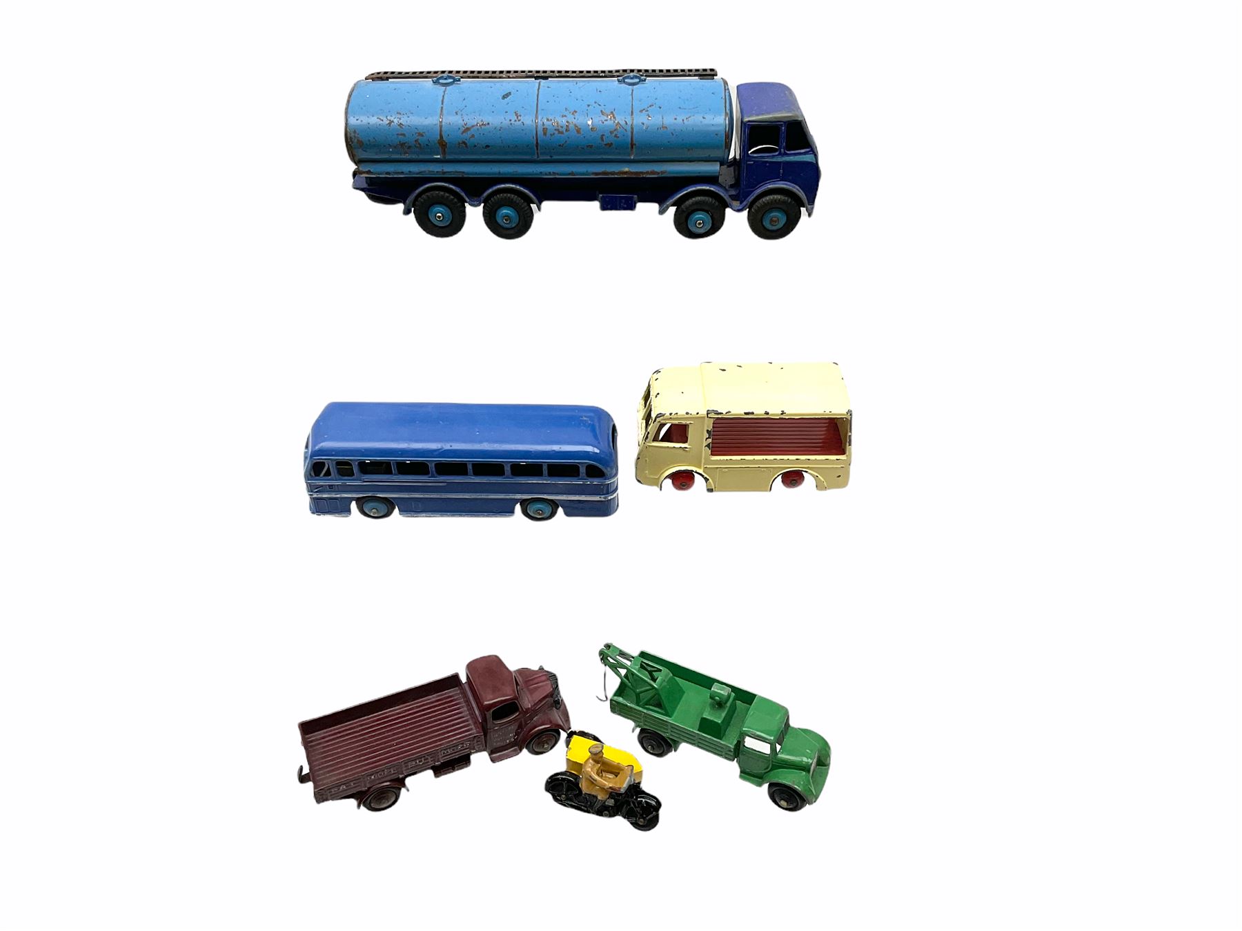 Dinky - six unboxed and playworn die-cast models comprising AA Motorcycle Patrol; Duple Roadmaster Leyland Royal Tiger; Supertoys Foden Tanker; Austin Wagon 'Eat More Buy More'; crane wagon with searchlight; and N.C.B. Electric Van (6)