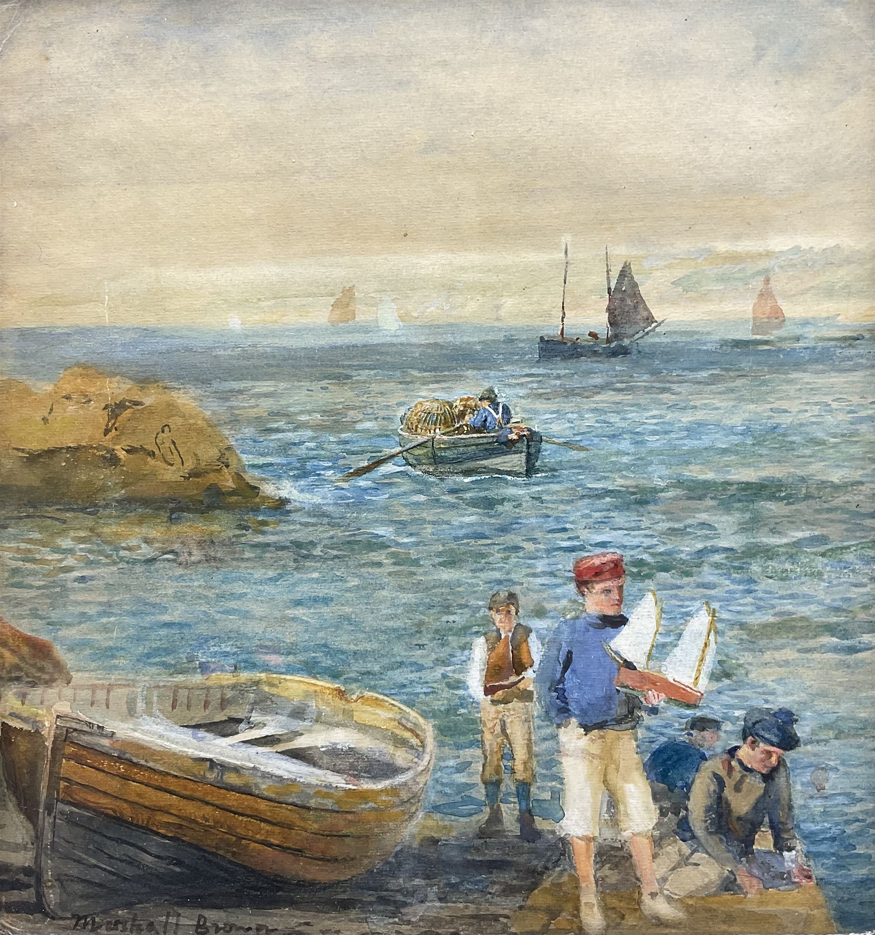 William Marshall Brown (British 1863-1936): Boys and their Boats, watercolour signed, inscribed 'To Alex and all the young mariners WMB' and dated '07 beneath mount verso 27cm x 25cm