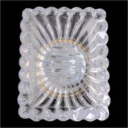  Glass vanity dish and pair of lidded vessels, retailed by Harrods, dish L17cm, H7cm