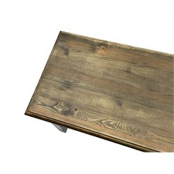 Pine kitchen dining table, rectangular moulded top on painted base, square tapering supports (180cm x 85cm, H78cm); and two matching benches 