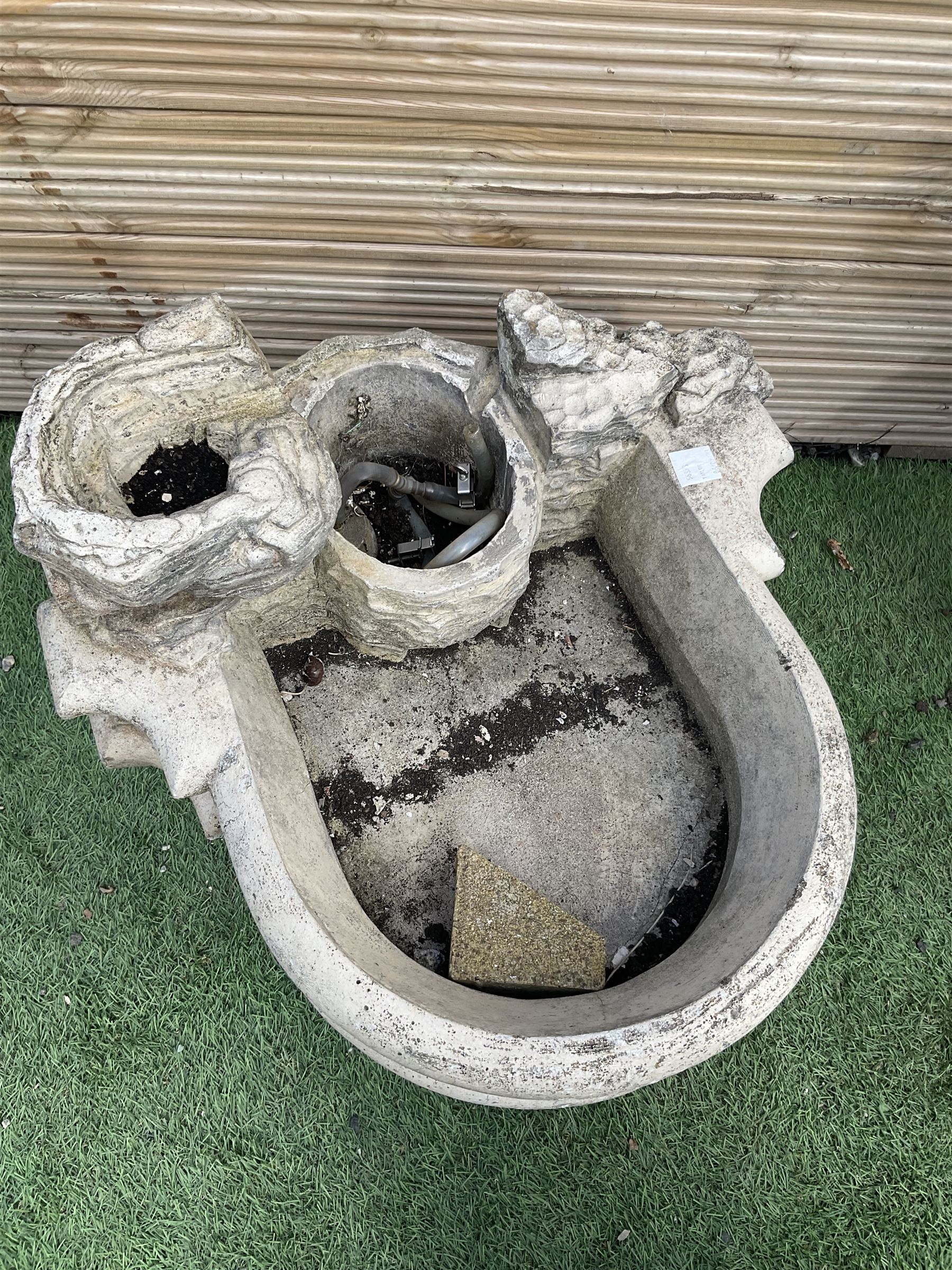 Three section cast stone garden figure of a boy carrying fishing net and a satchel with a water feature together with a cast stone planter on plinth - THIS LOT IS TO BE COLLECTED BY APPOINTMENT FROM DUGGLEBY STORAGE, GREAT HILL, EASTFIELD, SCARBOROUGH, YO11 3TX