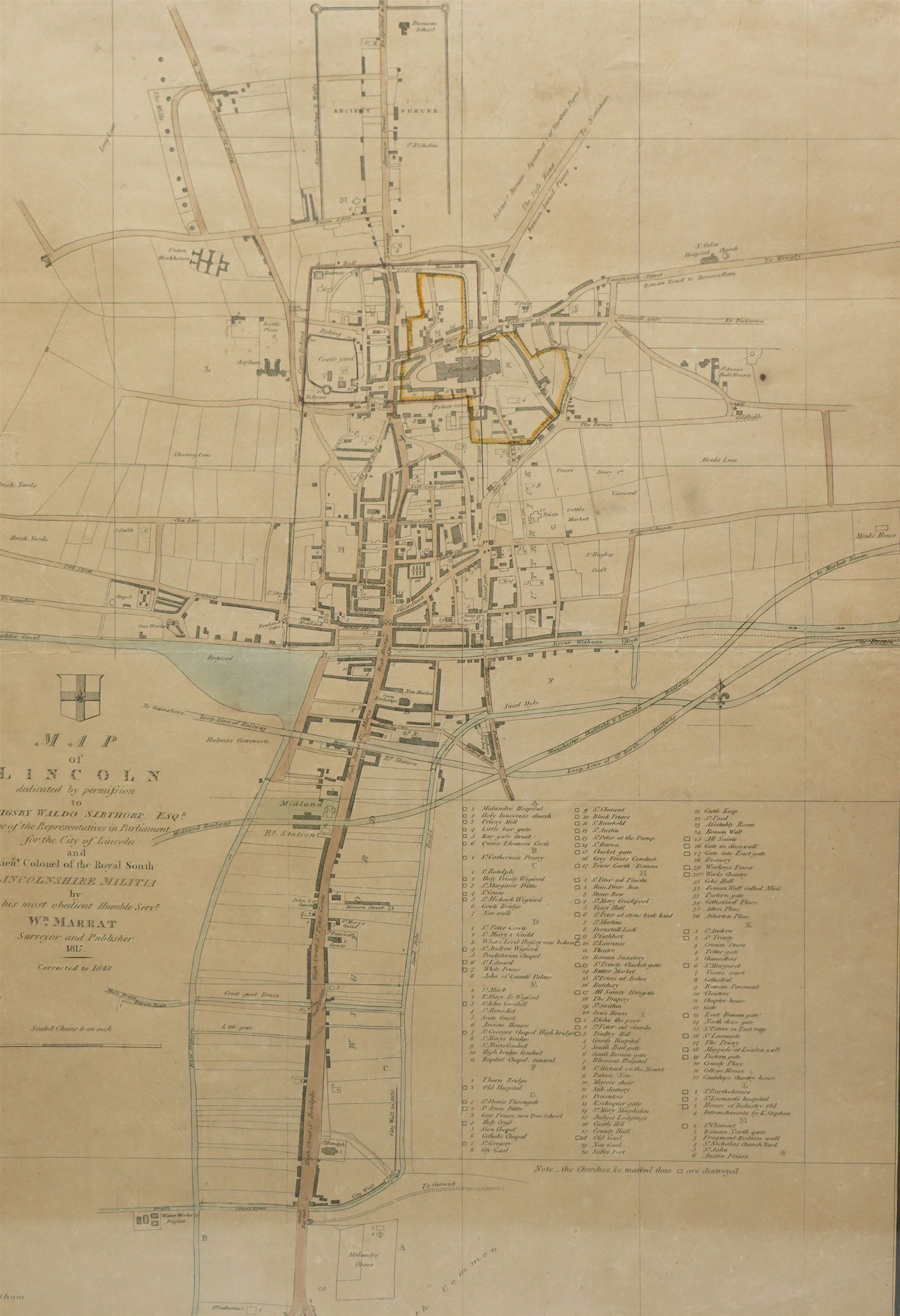 William Marrat (British 1772–1852): 'Map of Lincoln', 19th century engraved town plan with hand-colouring pub. c.1848, 60cm x 43cm