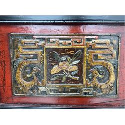 Set of three 19th century Chinese panels, the carved panels depicting figures in traditional landscape, scrolled dragon motifs and lattice effect decoration