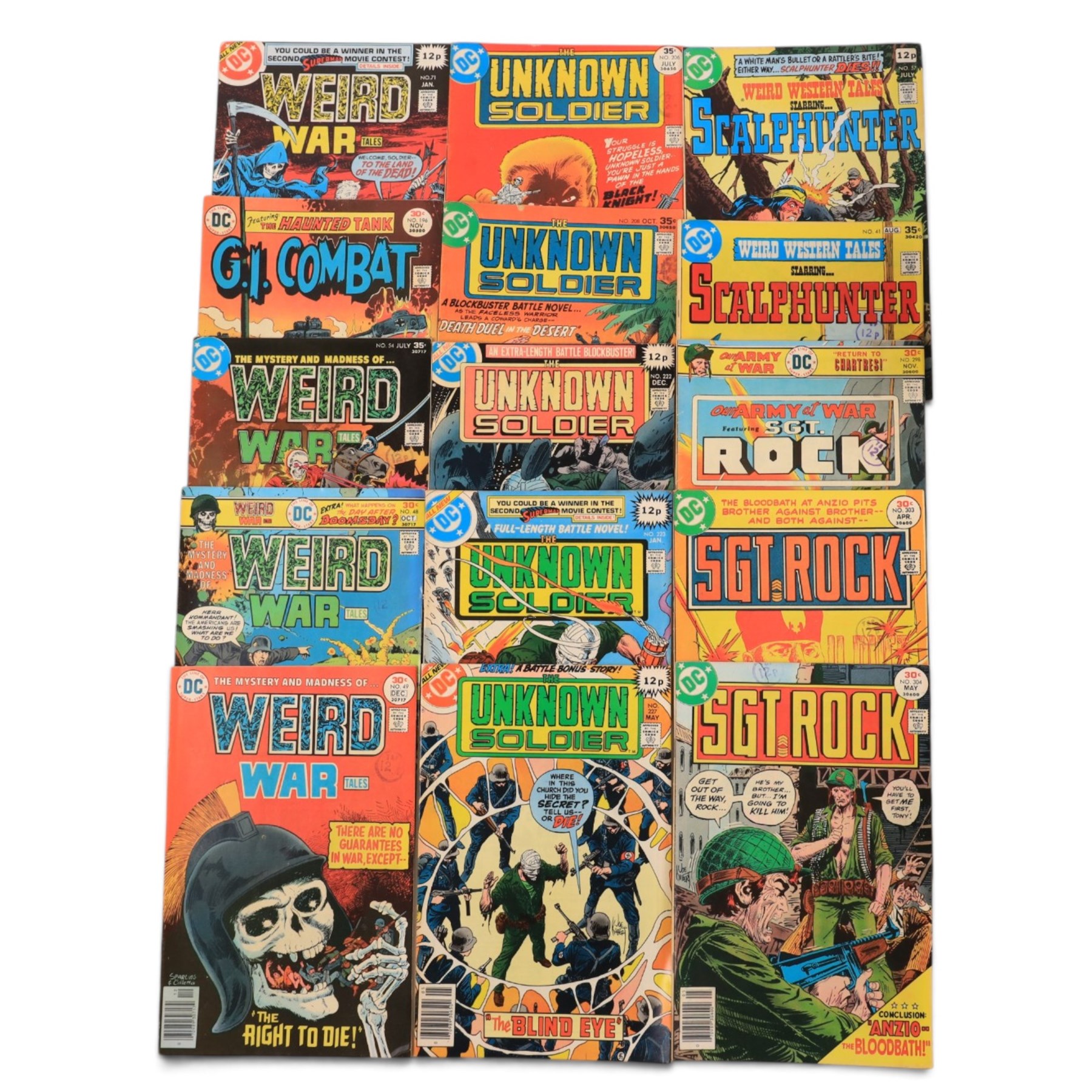 Collection of Bronze Age and later DC war and similar comic books, titles including Weird War, Scalphunter, GI Combat, The Unknown Soldier, Men of War, Sgt Rock , Losers, etc etc
