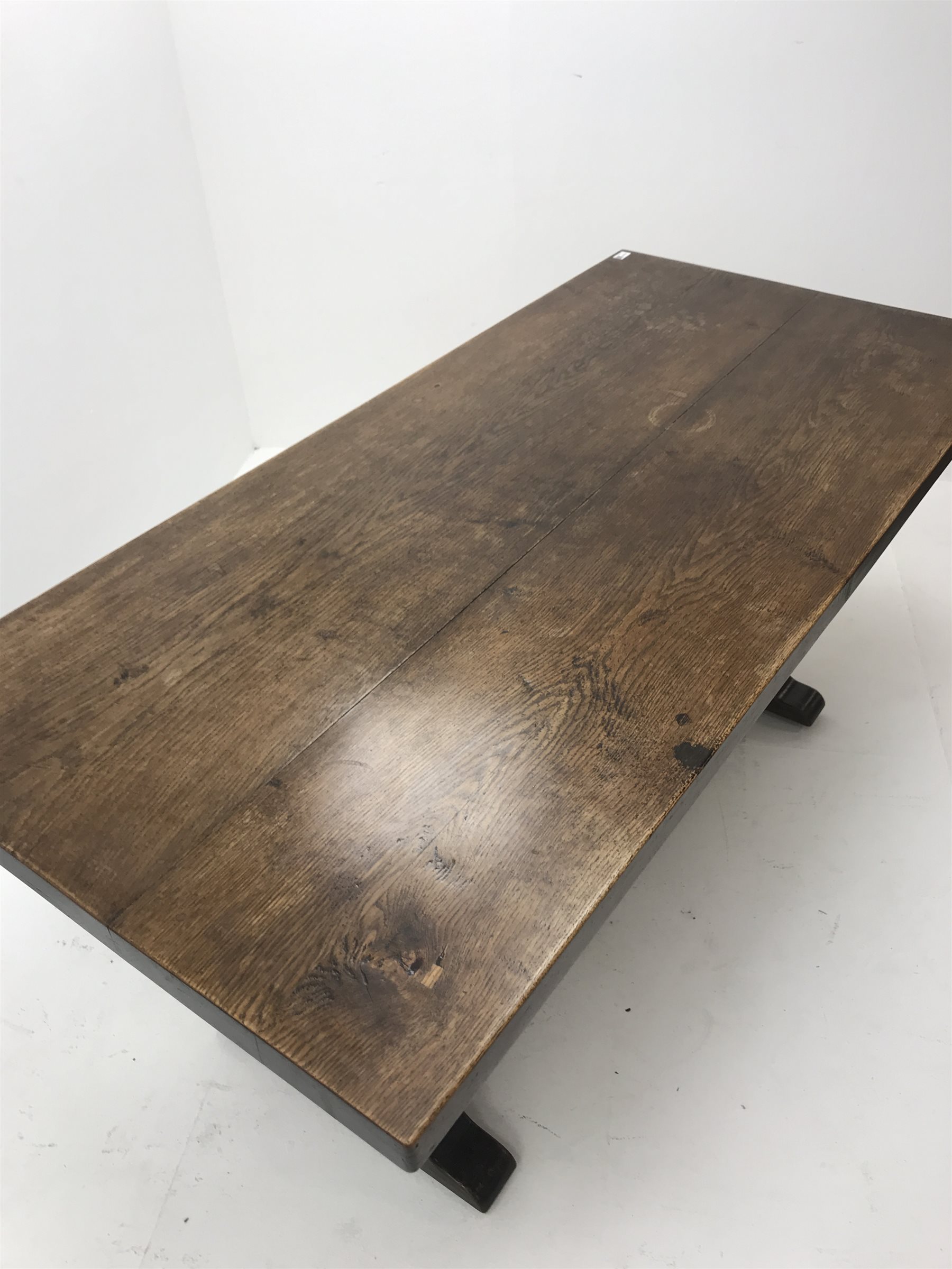  20th century oak refectory table, on two cup and cover baluster supports connected by stretcher, 169cm x 81cm, H78cm  