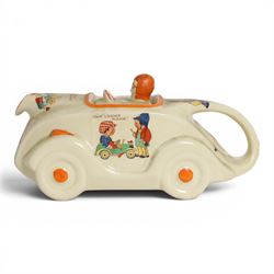 Sadler Art Deco teapot, modelled as a racing car with printed designs in the manner of Mab...