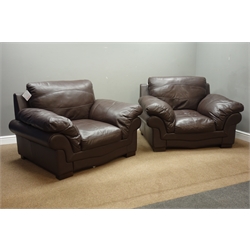  Three seat sofa (W220cm), and pair matching armchairs (W124cm), upholstered in chocolate brown leather  