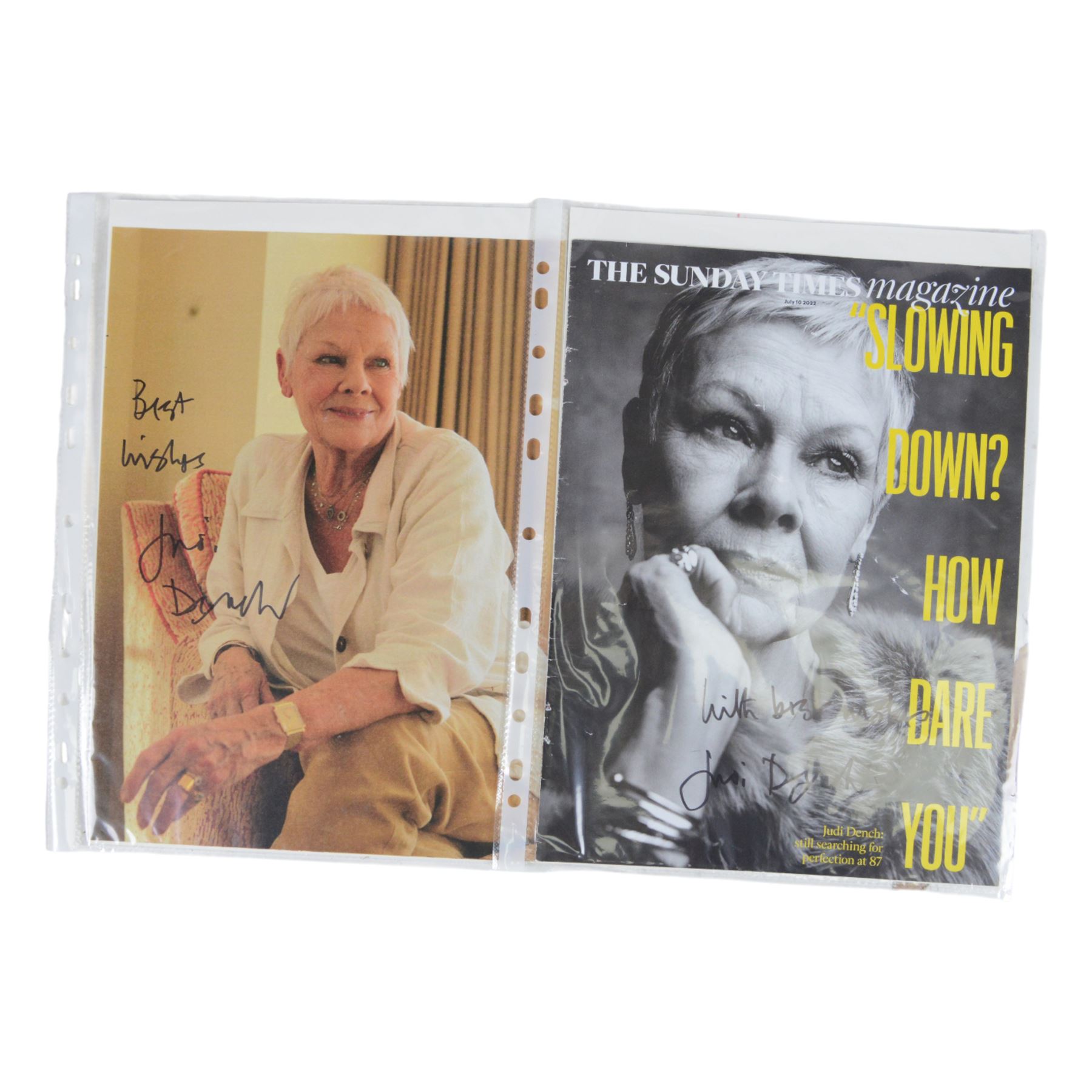 Judi Dench signed book 'Scenes From My Life', together with framed signed Judi Dench photograph, one other signed photograph and a signed 'Sunday Times' magazine cover and two further autobiographies
