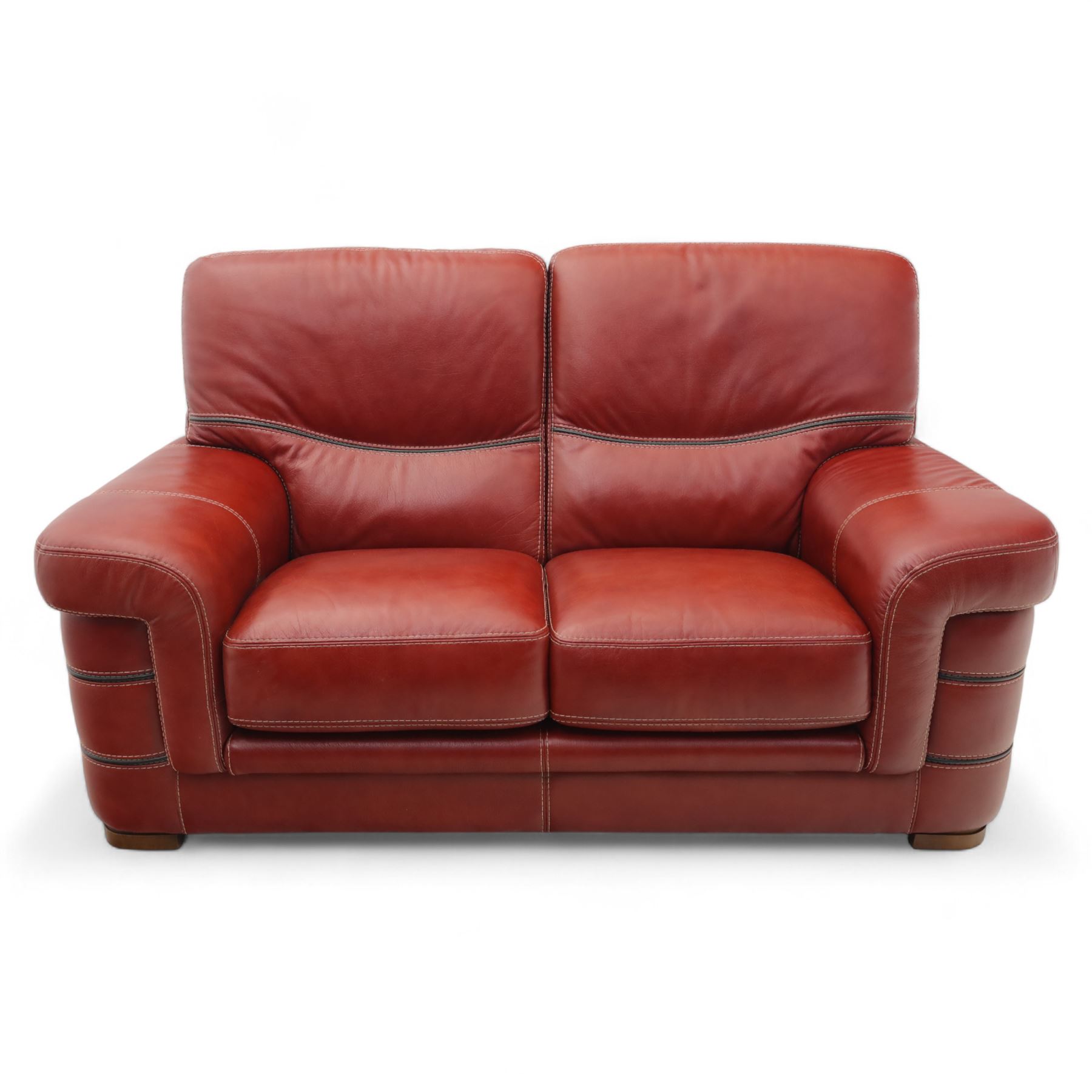 Bardi, Italy - two-seat sofa and footstool, upholstered in deep red leather, stool 72x63x39cm 
