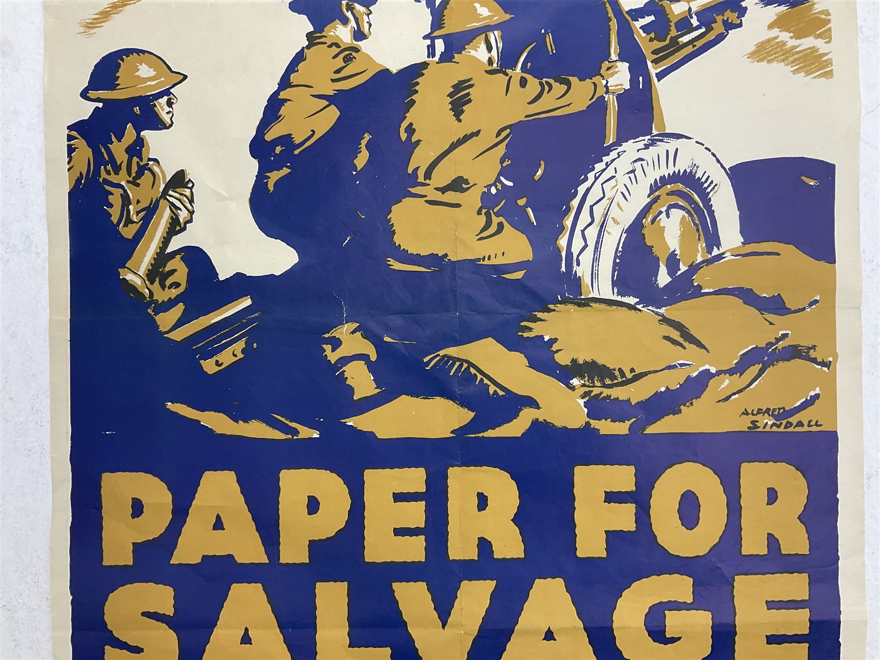 WW2 poster after Alfred Sindall printed for H.M. Stationery Office by Wm. Brown & Co Ltd London E.C.3; poster No.S.P.37 'Paper For Salvage Helps To Feed The Guns' depicting British Soldiers firing a field gun 75 x 51cm; blue, gold and white; unframed