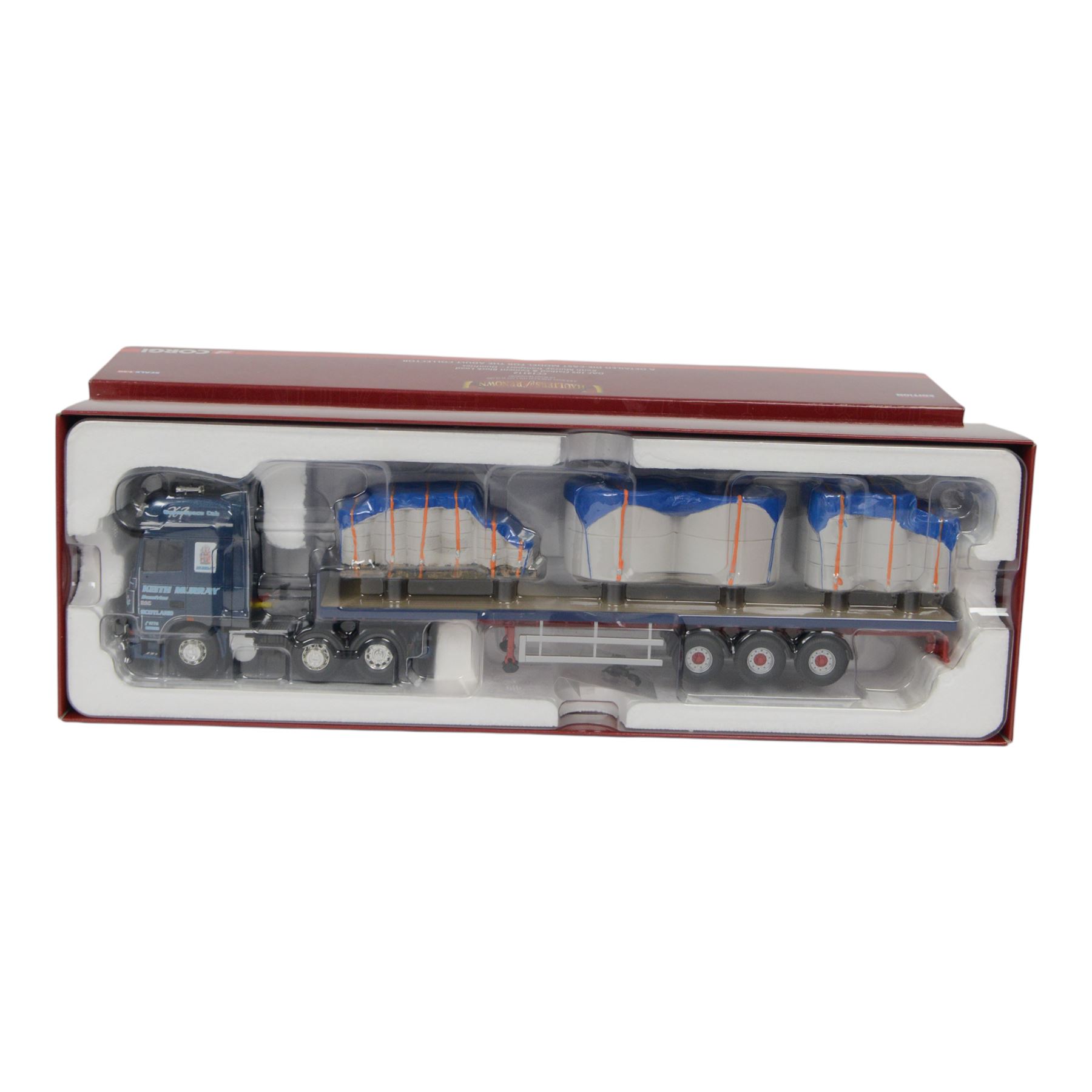 Two Corgi Hauliers of Renown 1:50 scale diecast model lorries, comprising CC15301 Scania 111 Tandom Axle Box Van Montgomery Transport and CC14112 DAF 105 Flatbed & Cement Block Load Keith Murray Transport, both boxed