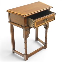 Titchmarsh & Goodwin style oak side table, the moulded top over one drawer with brass drop handle, raised on turned legs joined by a stretcher