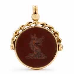 Edwardian 15ct gold agate and bloodstone swivel fob, the agate with dragon intaglio, Chester 1911