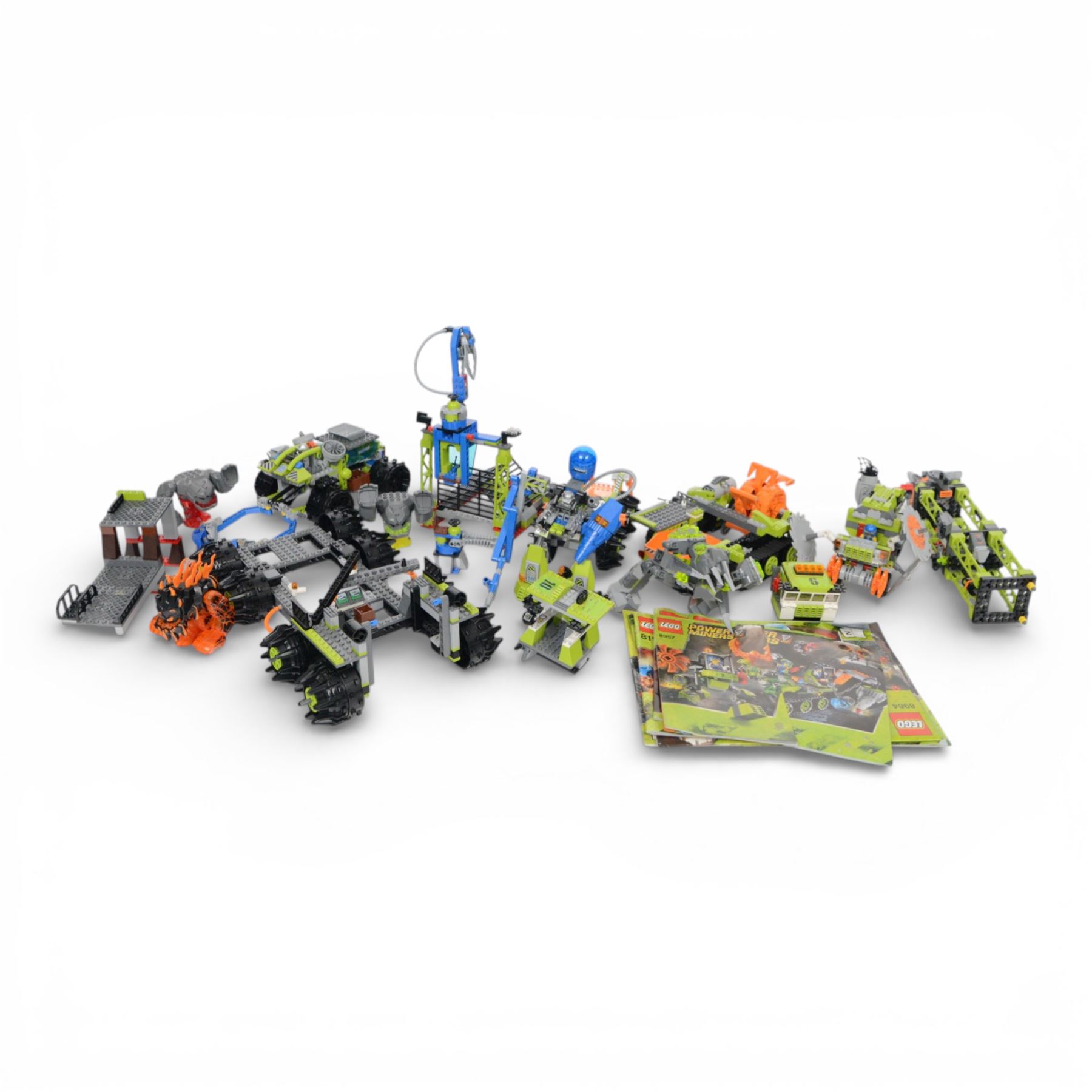 Lego Power Miners sets, including 8957, 8964, 8958, 8190, 8189, 8961 and 8963, all partially built with instructions