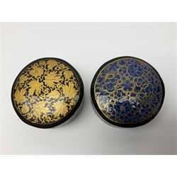 Nine lacquered boxes including circular and rectangular example with flower decoration, largest L18cm, D11cm