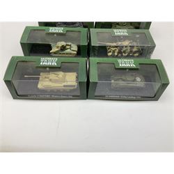 Sixteen Atlas Editions die-cast models of military vehicles including six Ultimate Tank Collection; all in perspex display cases; fourteen boxed; with associated paperwork (16)