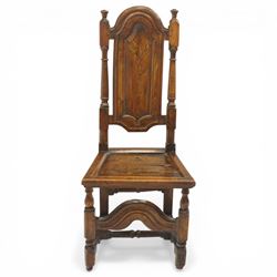 17th century oak and elm hall chair, the high-back with shield-shaped fielded panelling flanked by turned uprights, over a panelled seat, raised on turned supports united by H-stretcher with moulded serpentine front-stretcher