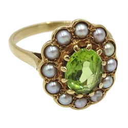 9ct gold oval peridot and split pearl cluster ring