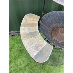Cast iron, bronze finish, garden grill set with two tiled tables  - THIS LOT IS TO BE COLLECTED BY APPOINTMENT FROM DUGGLEBY STORAGE, GREAT HILL, EASTFIELD, SCARBOROUGH, YO11 3TX