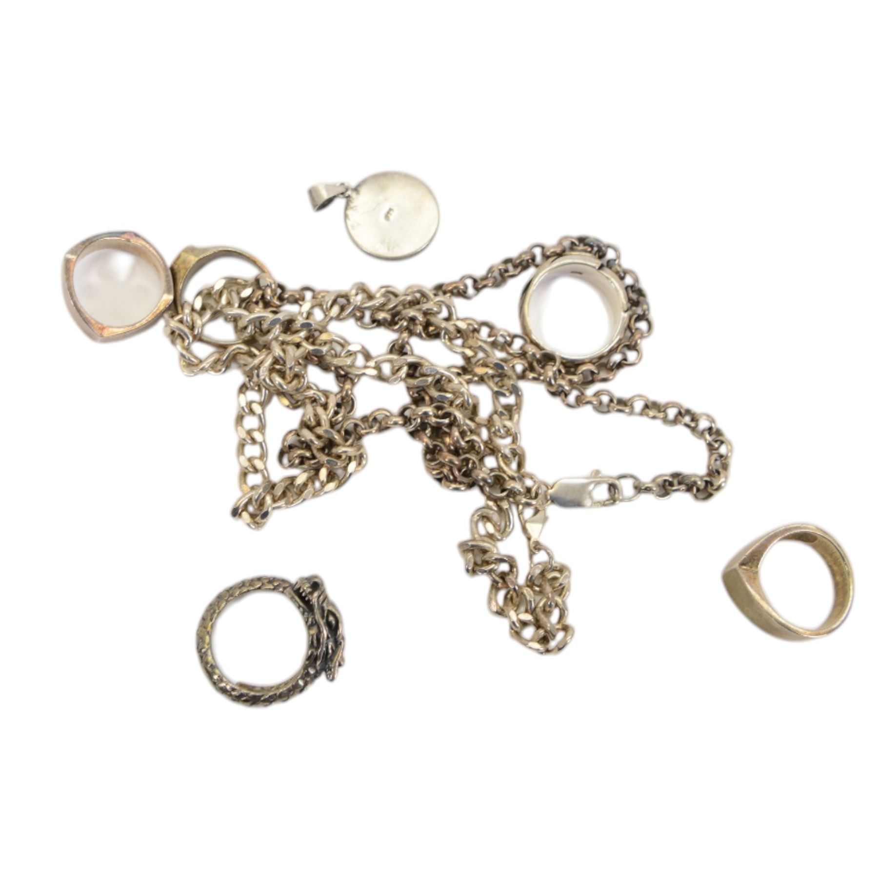 Collection of wristwatches including Seiko Kinetic, Citizen Eco-Drive, Rotary, DKNY, Emporio Armani, Sekonda, Lorus and Klaus-Kobec, silver dragon ring, other silver rings and two silver necklaces and a collection of costume jewellery