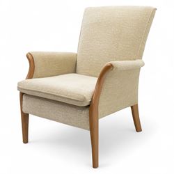 Parker Knoll - ‘Froxfield’ armchair, with upholstered back and seat in textured cream fabric, on beech bentwood arms and front supports