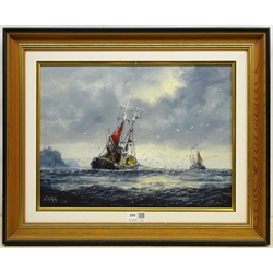 Jack Rigg (British 1927-): 'The Fishermen' - Trawlers off Whitby, oil on board signed, titled and signed verso 30cm x 40cm  

