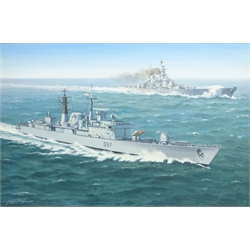  George Heiron (British 1929-2001): 'USS Missouri with HMS Edinburgh at Full Steam' - First Gulf War, oil on canvas signed and dated Aug. 1991, 49cm x 75cm  DDS - Artist's resale rights may apply to this lot   