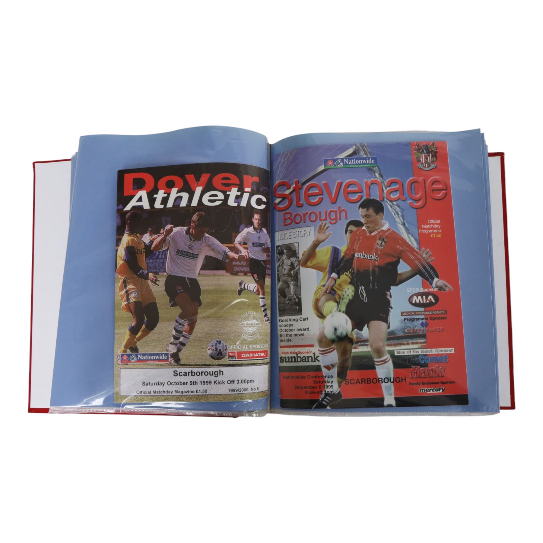 Comprehensive collection of approximately two hundred and twenty Scarborough FC football programmes for the 1999/00, 2000/01, 2001/02 and 2002/03 seasons, all filed within eight dedicated Scarborough FC red Home and Away binders