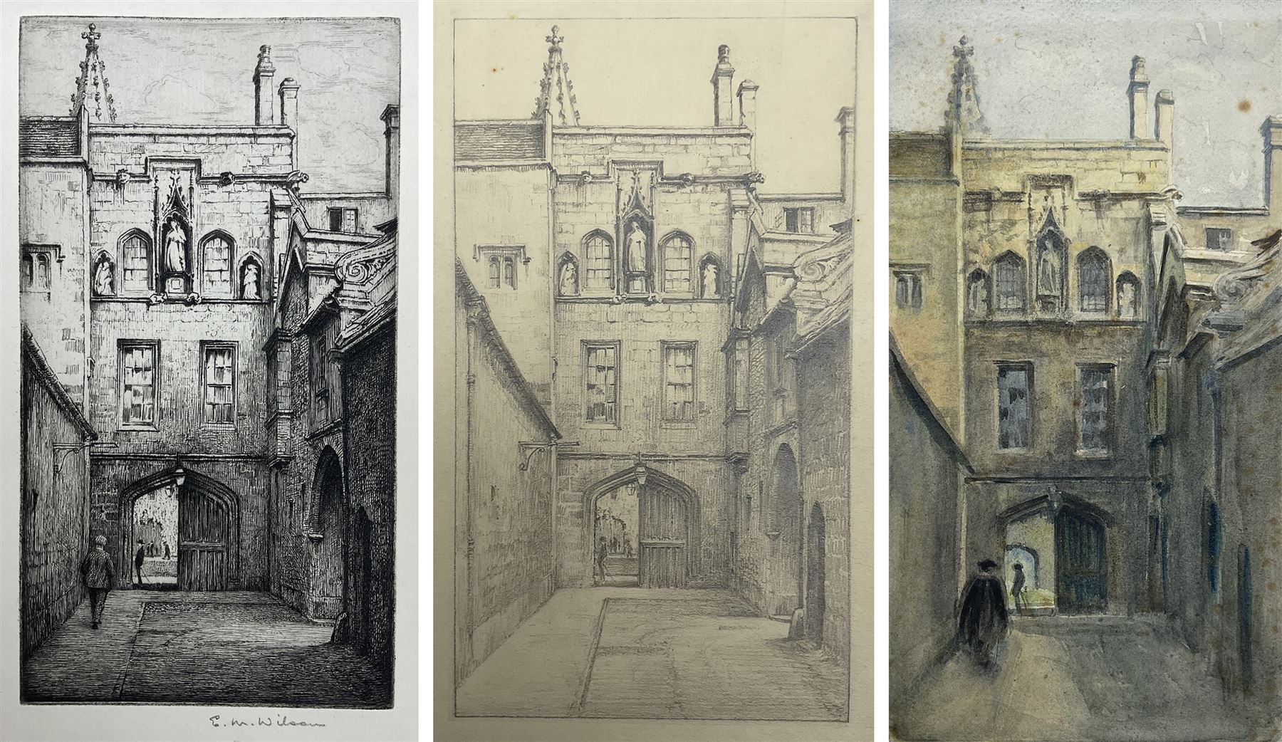 Eli Marsden Wilson ARE ARCE (British 1877-1965): New College Oxford, etching signed in pencil 19cm x 10.5cm; together with watercolour and pencil studies for the finished etching (3) 
Provenance: by descent through the artist's family; removed from the artist's cabinet, to be sold in the Country House Sale, Saturday 16th March 2024 Lot 1267.