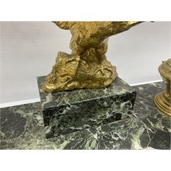 Green marble desk stand, the central eagle surmount on pedestal and flanked by two urn-shaped ink wells, H27cm