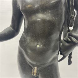 Bronzed classical nude male figure, upon a stepped circular base, H61cm 