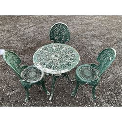 Painted aluminium circular garden table and three chairs - THIS LOT IS TO BE COLLECTED BY APPOINTMENT FROM DUGGLEBY STORAGE, GREAT HILL, EASTFIELD, SCARBOROUGH, YO11 3TX