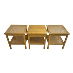 Pair beech bedside tables, square top with canework inset and cane under-tier, together with another similar 