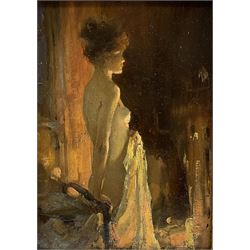 Allan Douglas Davidson (British 1873-1932): Female Nude by Firelight, oil on mahogany panel unsigned 18cm x 13cm