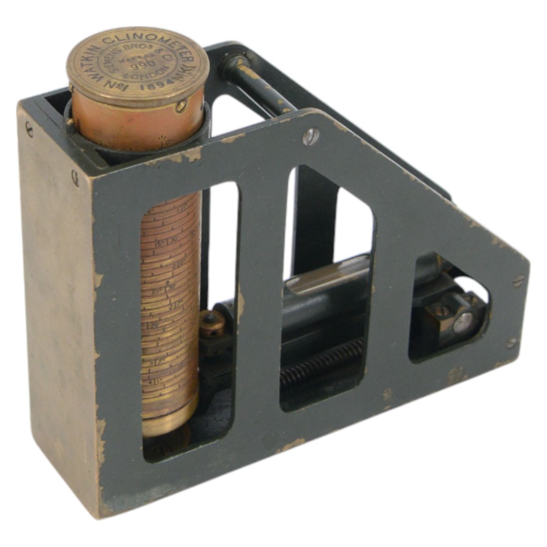 MKI Watkin Clinometer No. 1 1894, military issue Hall Bros theodolite no. 40467, and a military issue B562 gap measurer No. 3, all within fitted canvas/wooden cases