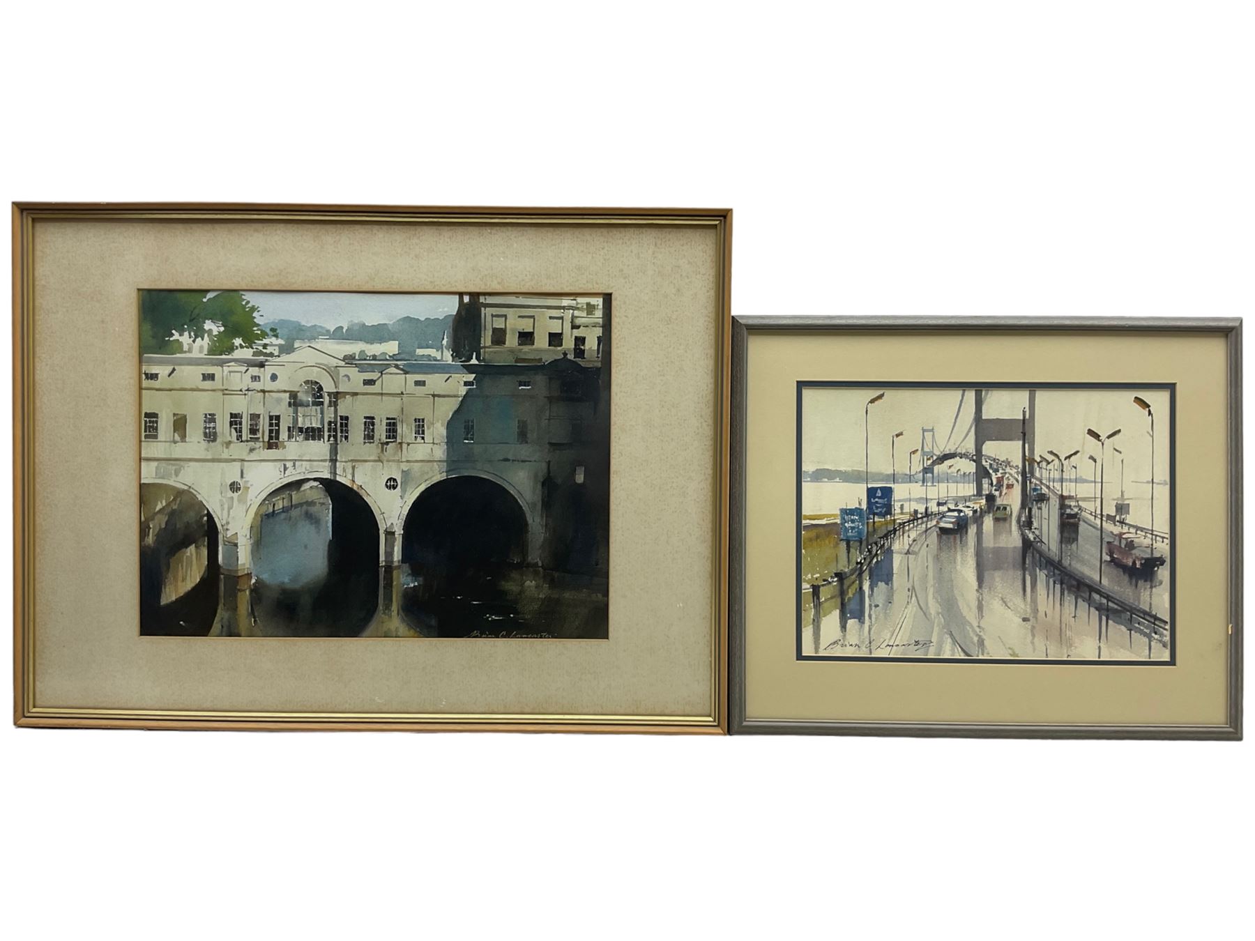 Brian C Lancaster (Bristol Savages 1931-2005): 'Pulteney Bridge' Bath and The Severn Suspension Bridge, two watercolours signed, the former titled and dated April 1987 on label verso 33cm x 45cm and 26cm x 35cm (2)